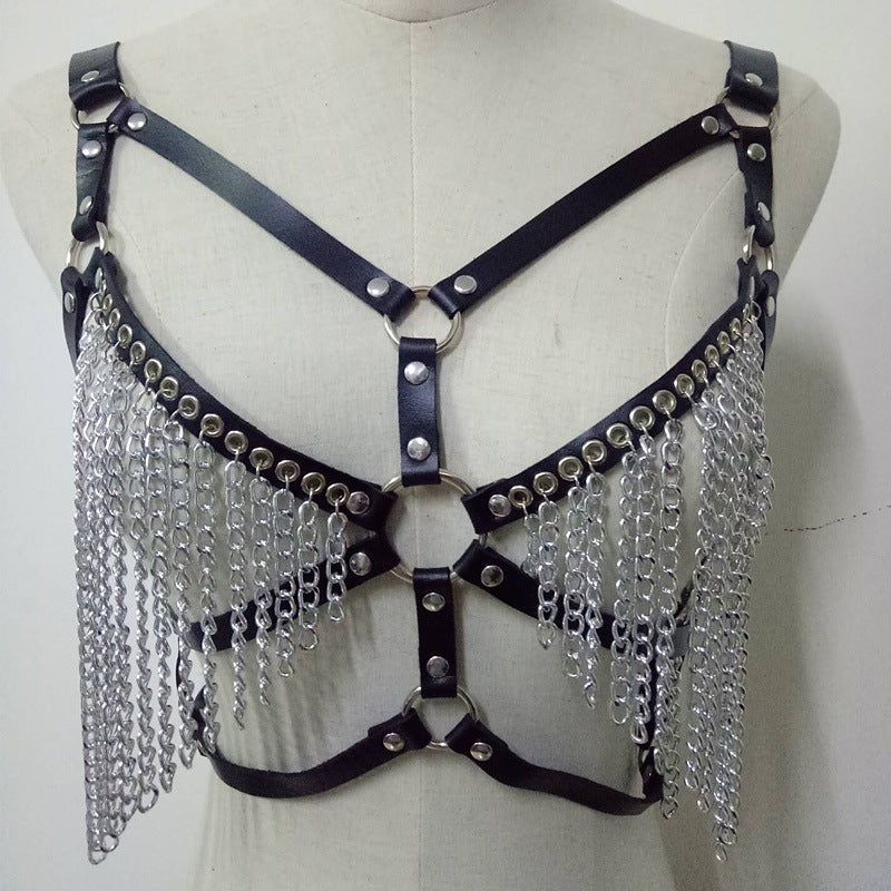 Sexy Leather Body Chain Bra Bra Metal Chain Tassel Bikini Vest Back Chest Strap Suspenders