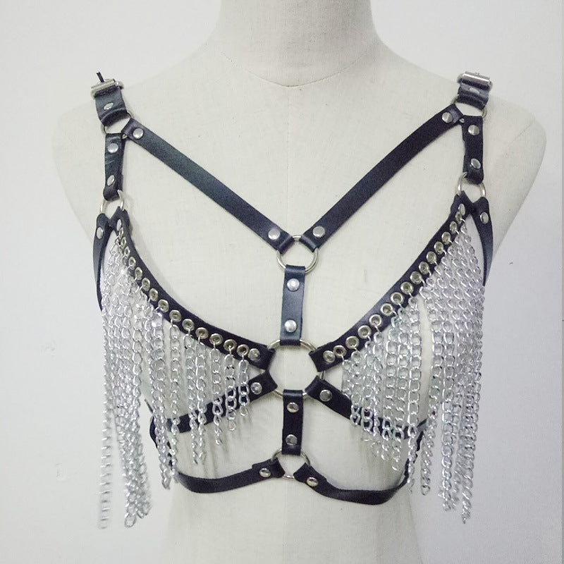 Sexy Leather Body Chain Bra Bra Metal Chain Tassel Bikini Vest Back Chest Strap Suspenders