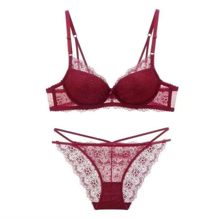 Sexy Lace Bra Panty Set Women Deep V Gathered Sexy Lingerie