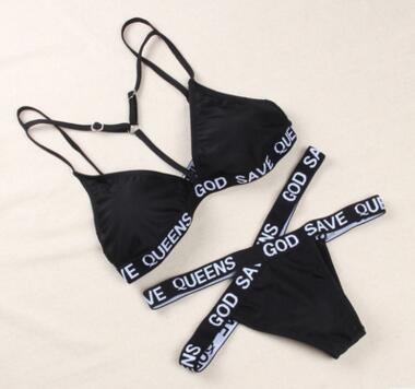 Letters Printing Cross Strip Bikini Set