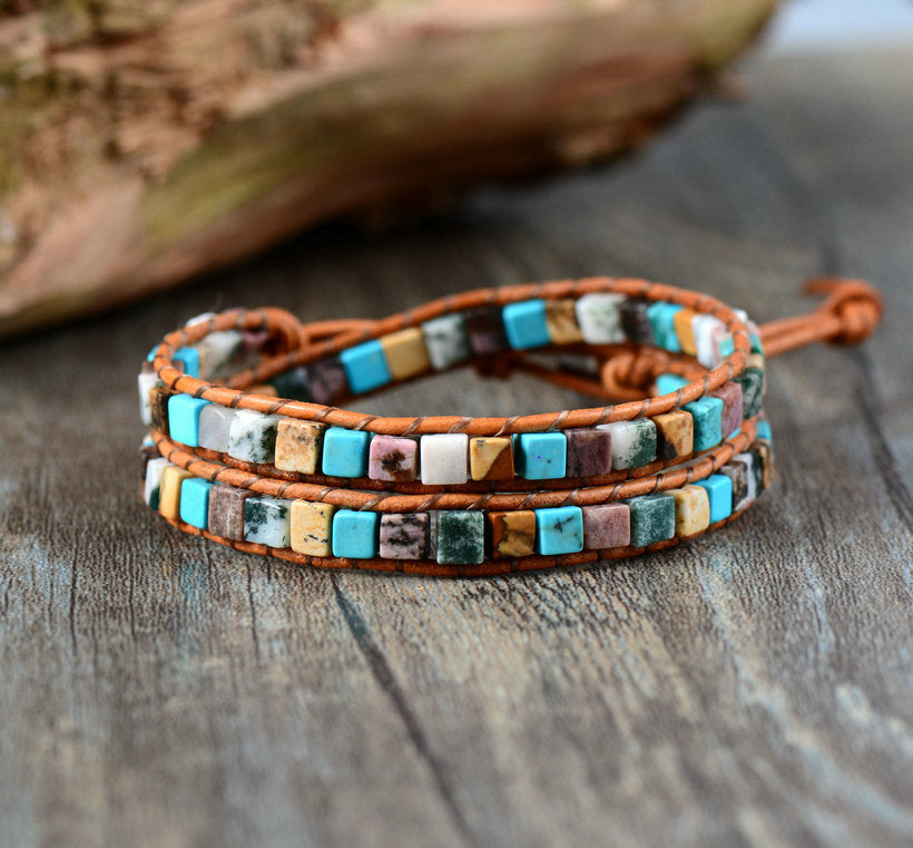 Leather Bracelets High End Mix Natural Stones 2 Strands Wrap Bracelets Vintage Weaving Bead Bracelet