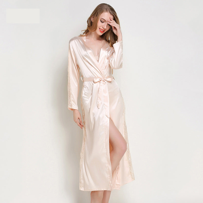 Fashion Ladies Pajamas Imitation Silk Nightgown Lace Sexy Long Nightgown Bathrobe