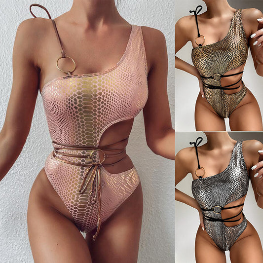 One-shoulder snake bikini