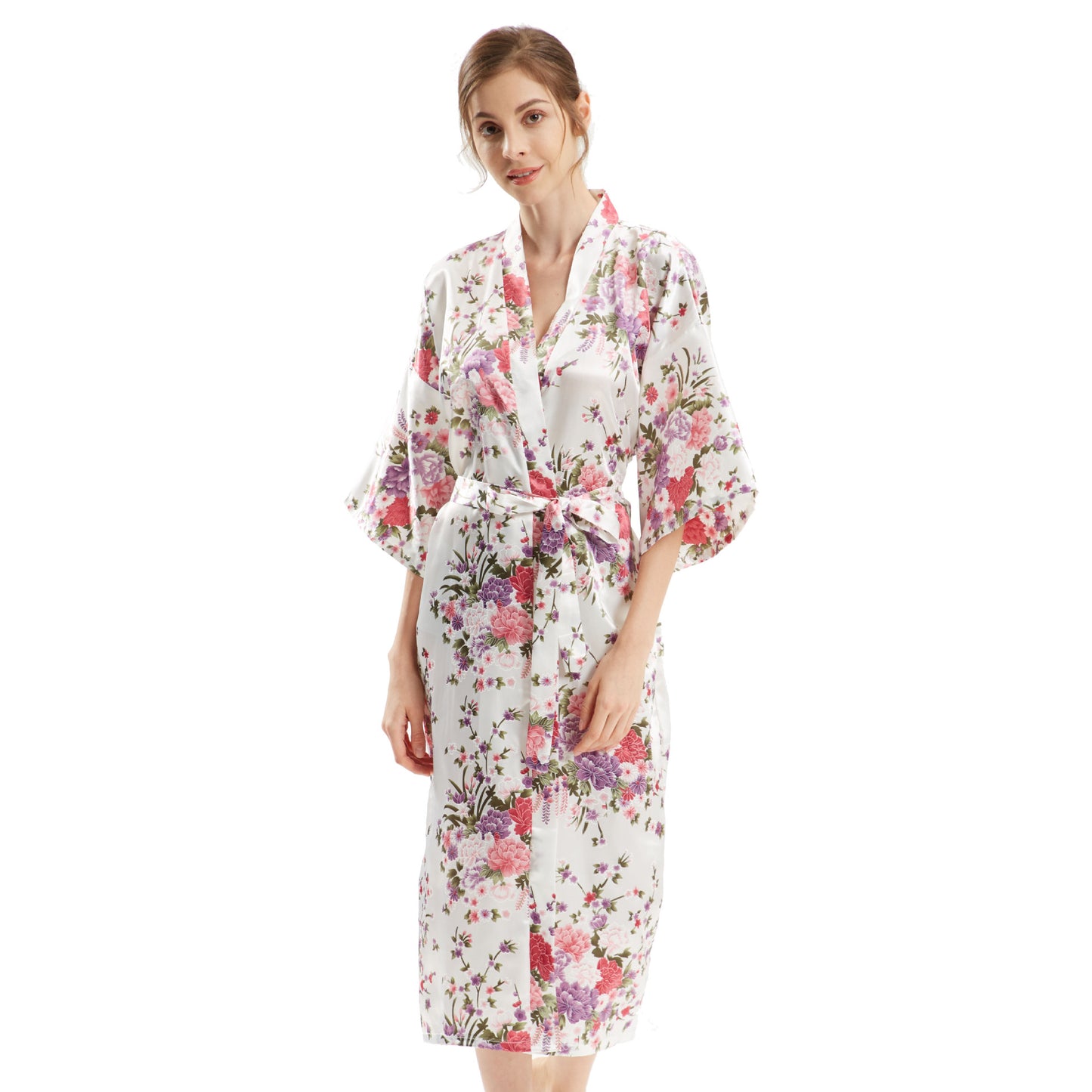 Mid-Sleeve Long Floral Thin Faux Silk Nightgown