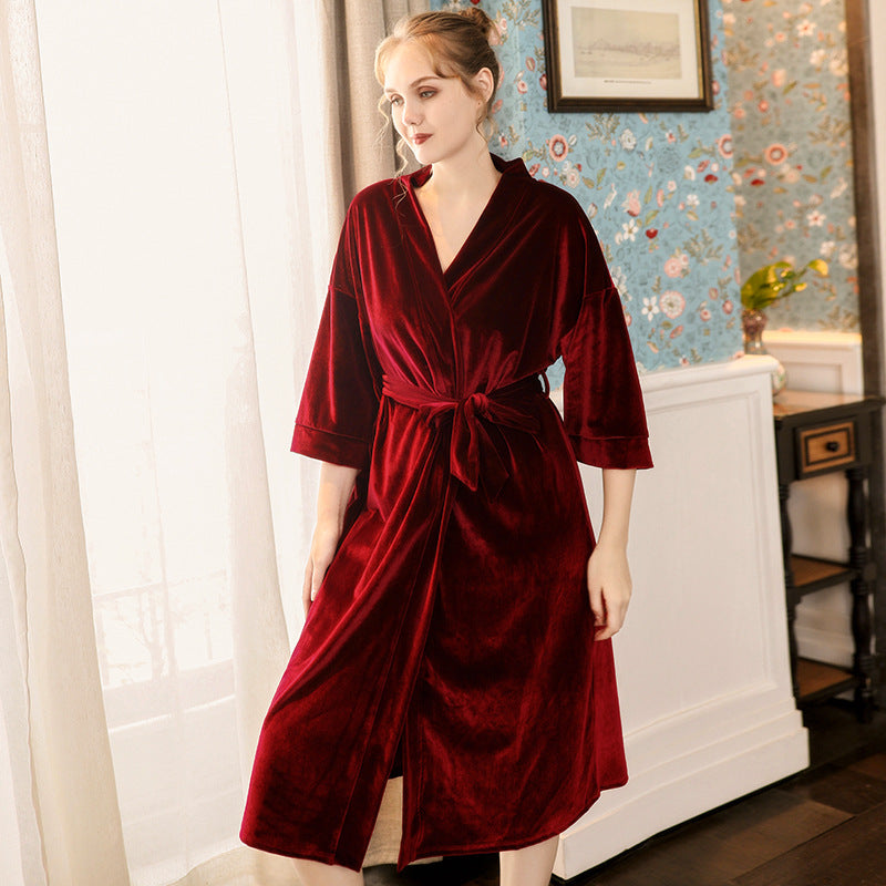 Gold Velvet Nightgown With Long Sleeves And Belt