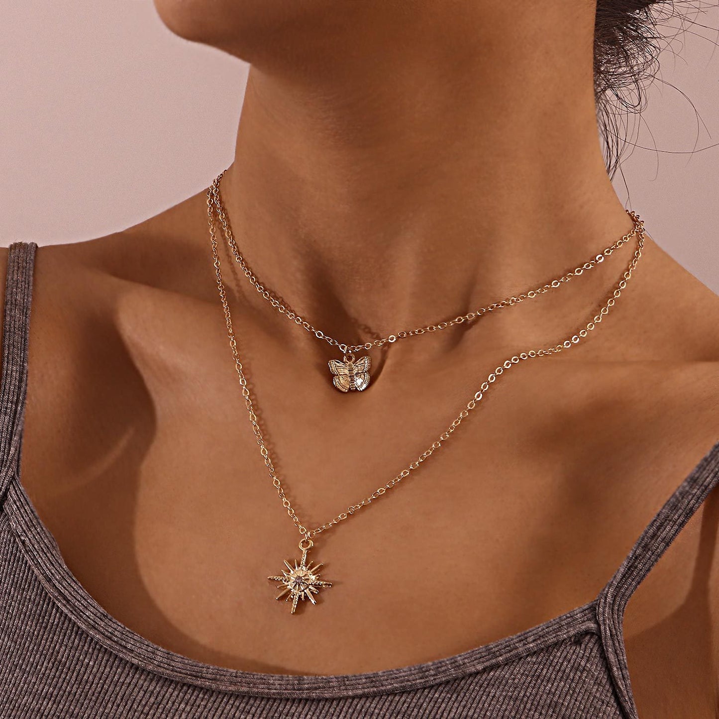 Sun Flower Butterfly Pendant Necklace Women