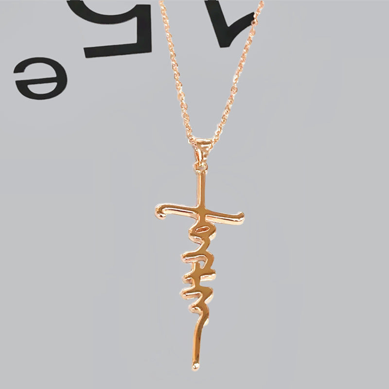 Woven letters cross necklace women