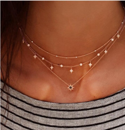 Bls-miracle Multilayer Necklace for Women Long Chain Turkish Eye Pendant Necklaces Trendy Crystal Star Water droplets Necklaces