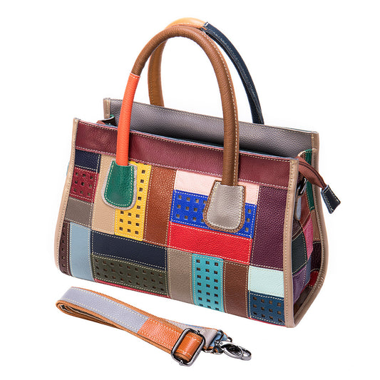 Cowhide color patchwork bag