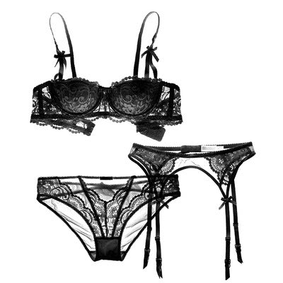 9177 Three-piece Set Sexy Lace Lingerie Push Up Bra Half Cup Garter Bra Set