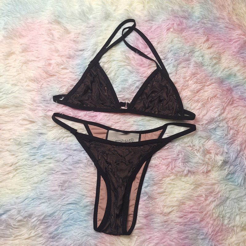 Mesh Embroidered Tie Neck Bikini