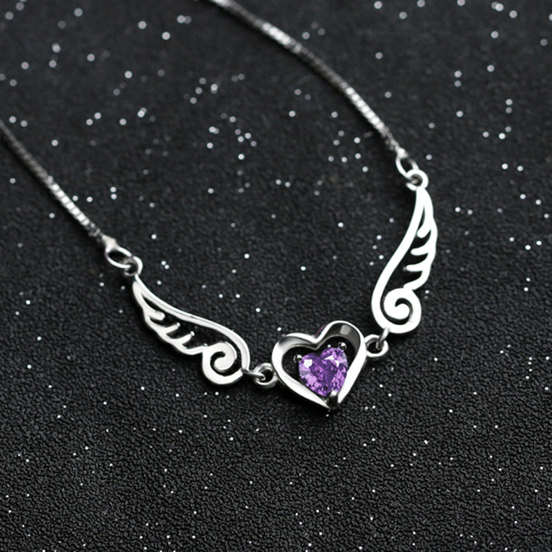 Angel Wings Necklace Pure Silver 925 Jewelry Romantic Purple Crystal Heart Necklaces For Women Sterling-Silver-Jewelry Necklace