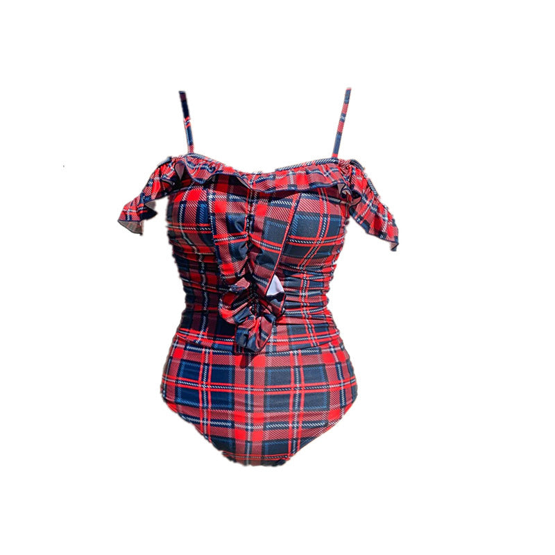 Girls plaid one-shoulder one-piece swimsuit women