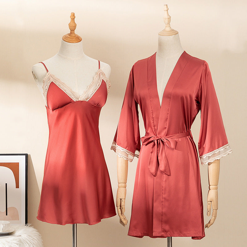 Women's Fashion Simple Robe Nightgown Two-piece Set