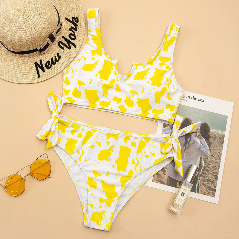 Split Cow Print Bow Bikini Swimsuit Women