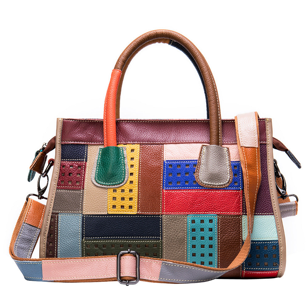 Cowhide color patchwork bag