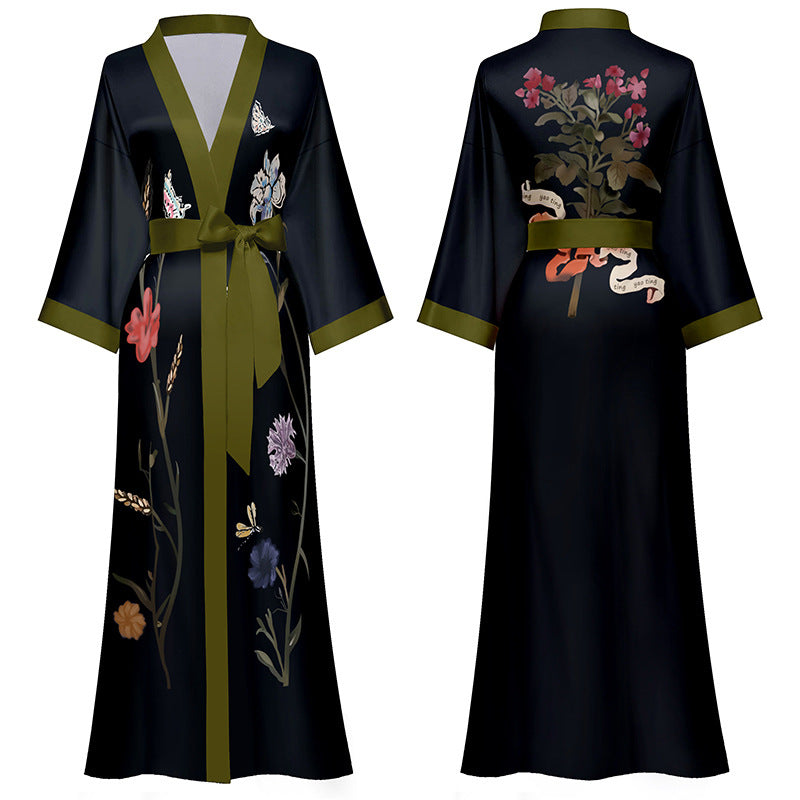 Satin Ice Silk Pajamas Women's Spring And Autumn Nightgown Black Background Long Flower Branches