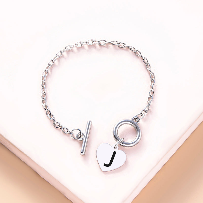 Silver Color Link Chain OT Buckle Clasp Bracelet 26 Initial Letter Heart Charms Bracelets For Women Girls