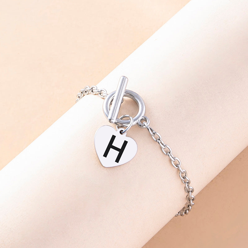 Silver Color Link Chain OT Buckle Clasp Bracelet 26 Initial Letter Heart Charms Bracelets For Women Girls