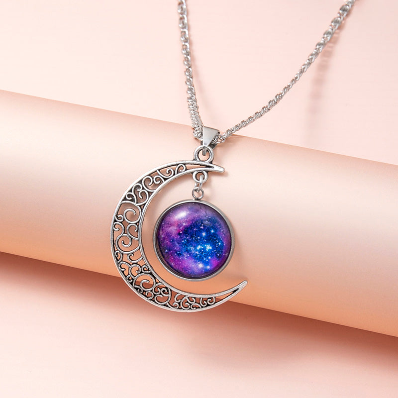 Galaxy Planet Star Glass Necklace Silver Hollow Moon Pendant Statement Necklaces For Women