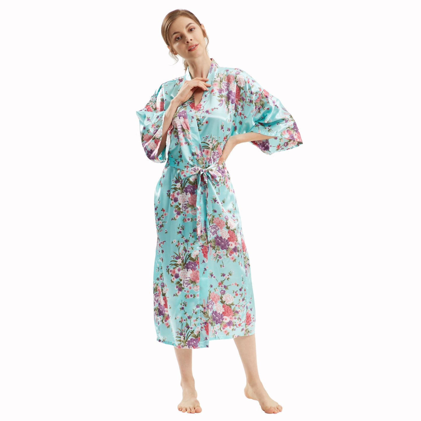 Mid-Sleeve Long Floral Thin Faux Silk Nightgown