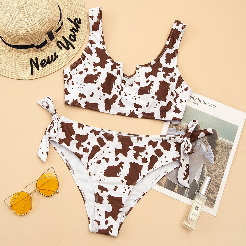 Split Cow Print Bow Bikini Swimsuit Women