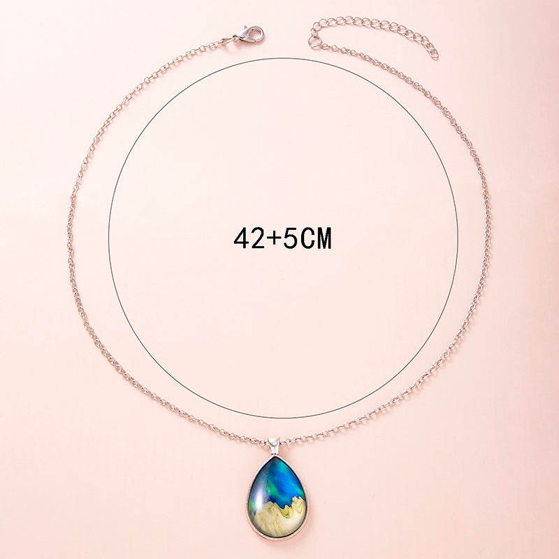 Fashion Aurora Mountains Starry Glass Necklace Silver Teardrop Pendant Necklaces For Women Girls Aesthetic Jewelry