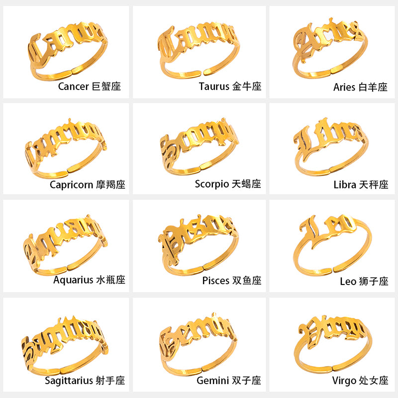 12 Constellation Horoscope Letter Stainless Steel Rings For Women