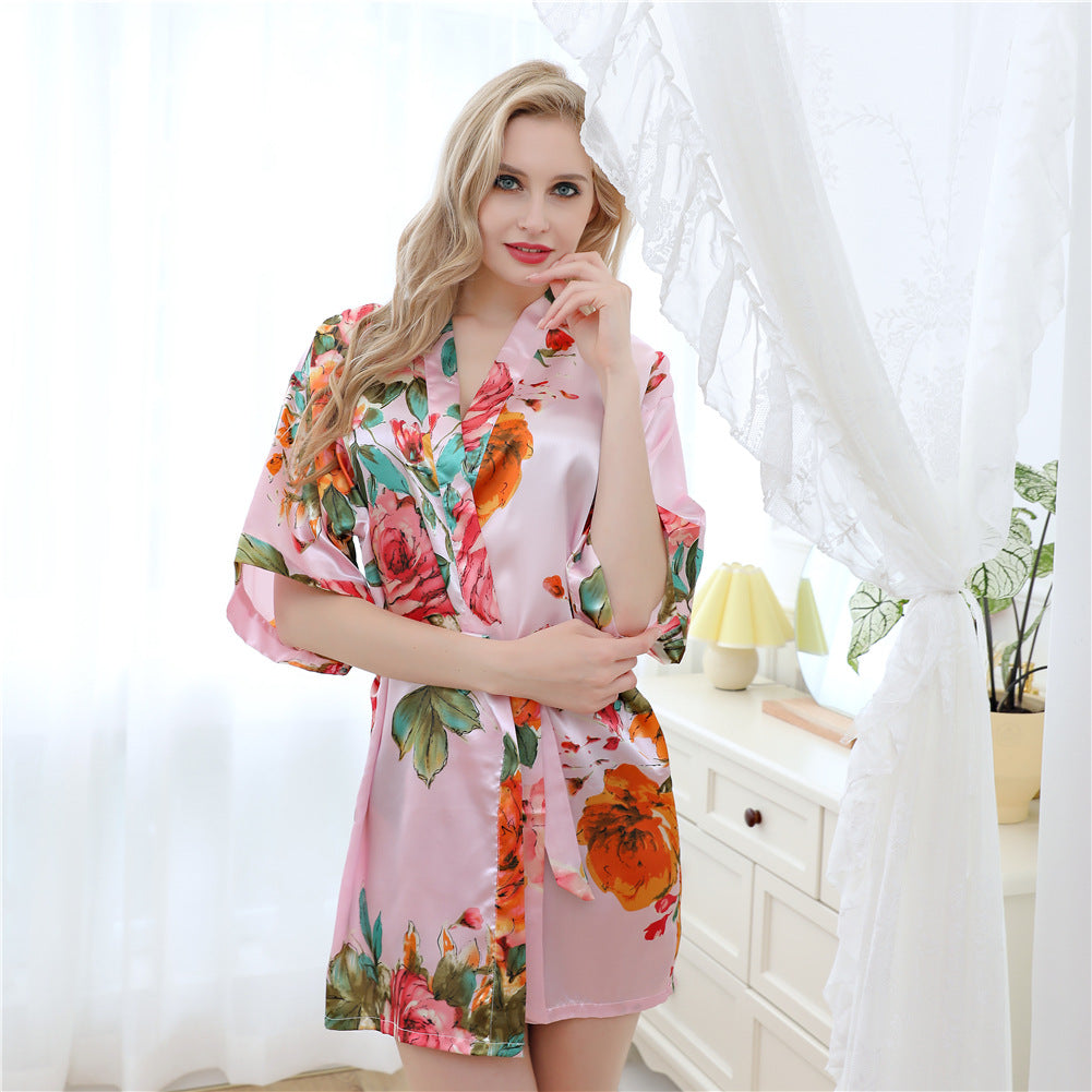 Hand-painted peony simulation silk nightgown