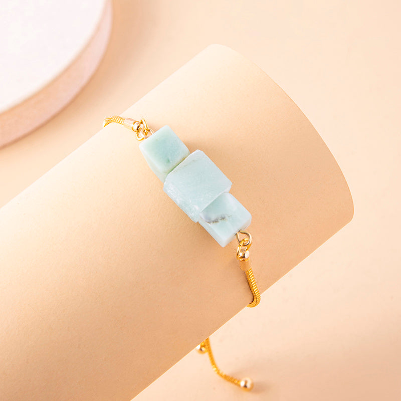 Vintage Blue Square Natural Stone Charm Bracelet Gold Snake Chain Adjustable Bracelets For Women