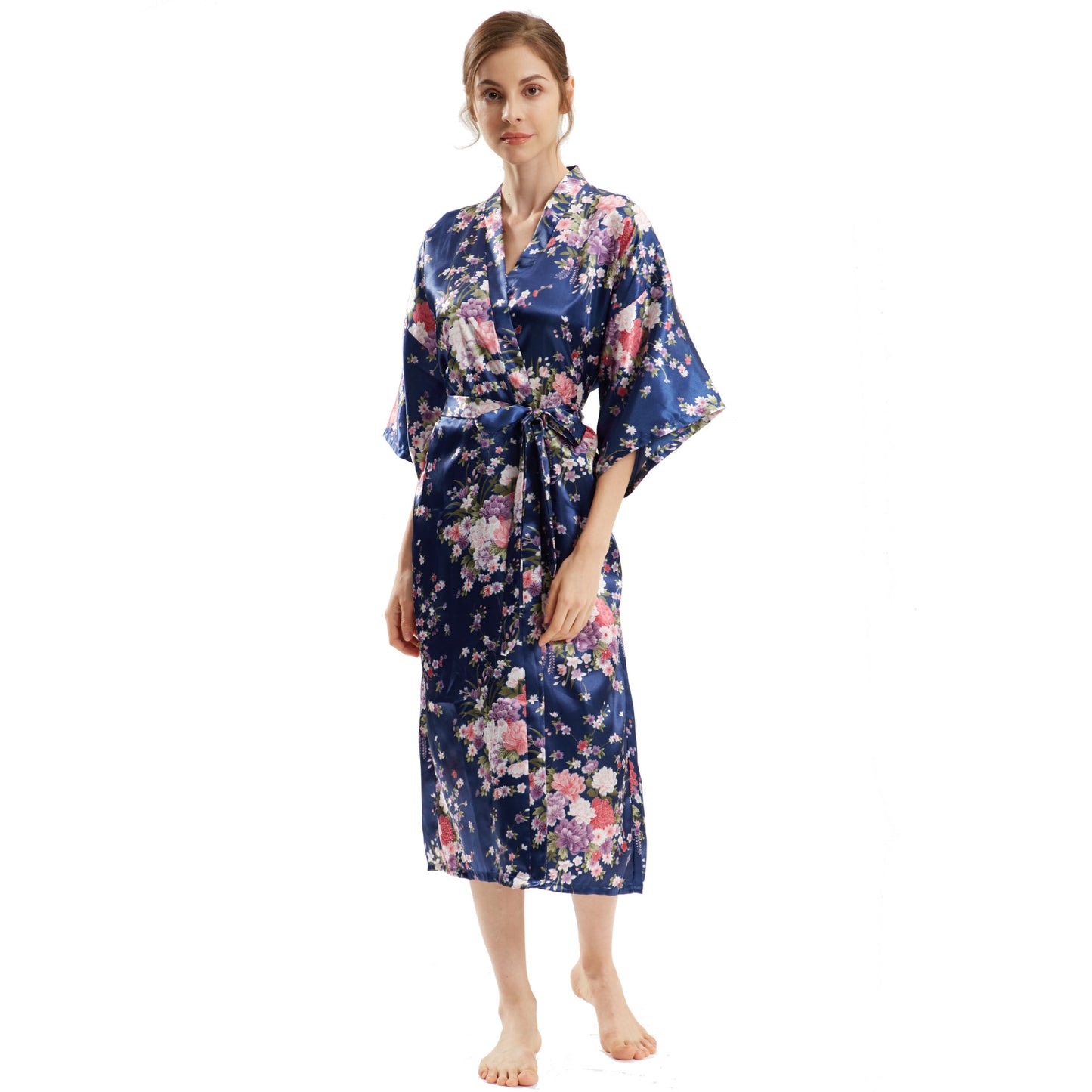 Mid-Sleeve Long Floral Thin Faux Silk Nightgown