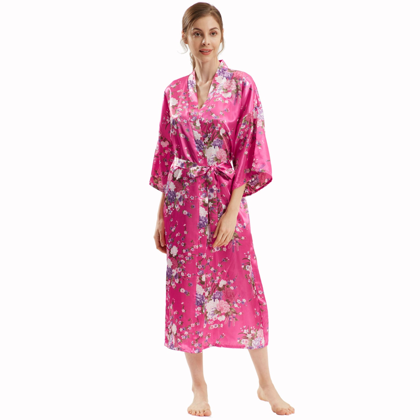 Mid-Sleeve Long Floral Thin Faux Silk Nightgown