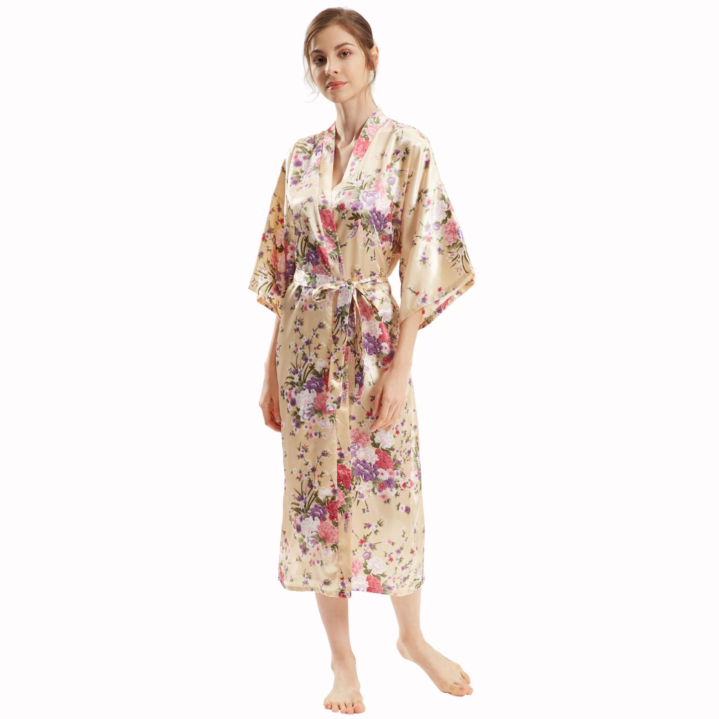 Mid-Sleeve Long Floral Thin Faux Silk Nightgown