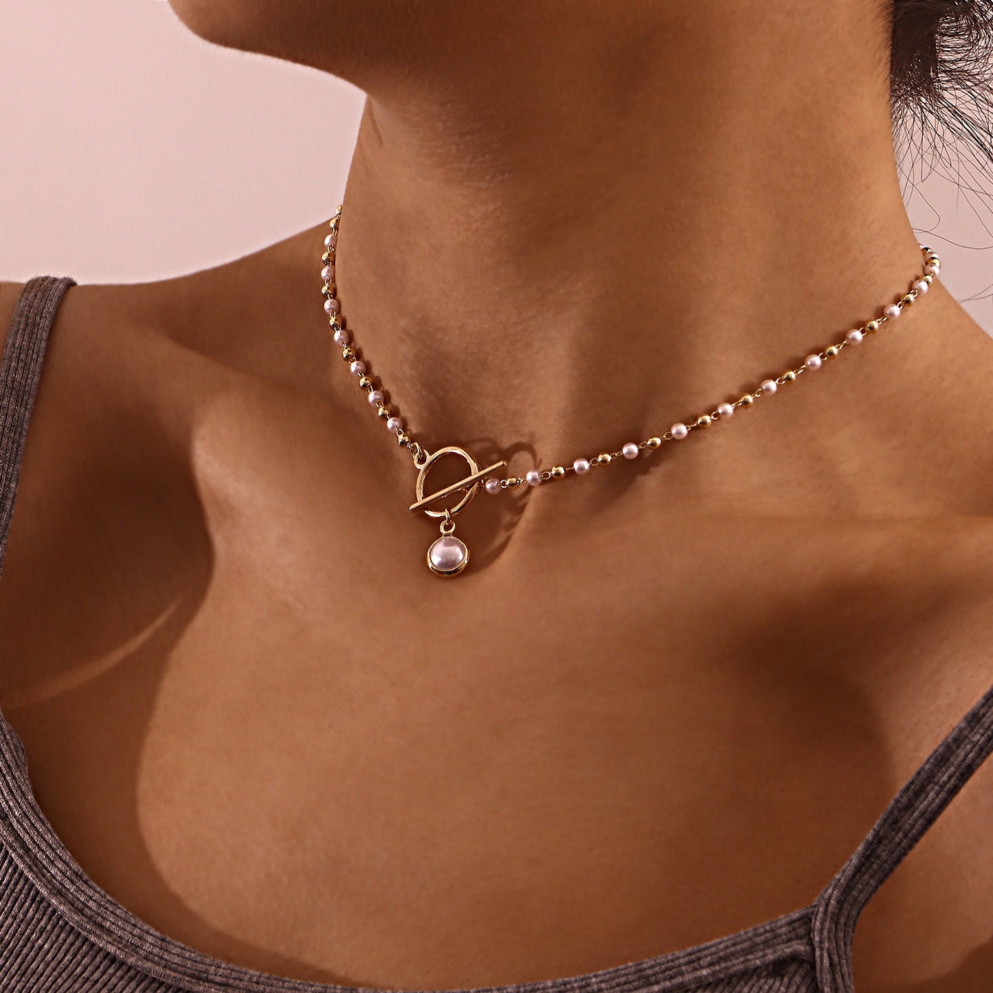 Simple Pearl Chain OT Buckle Necklace Women