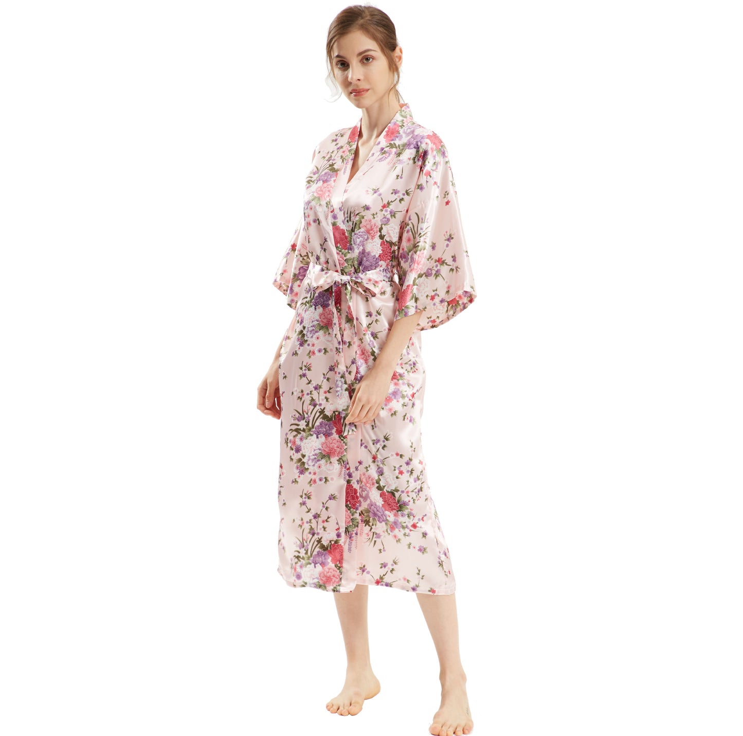 Mid-Sleeve Long Floral Thin Faux Silk Nightgown