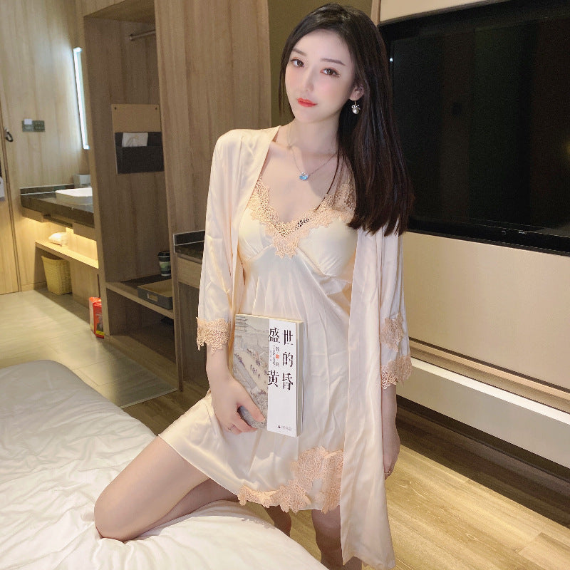 Women's Silk Nightgown Nightdress With Chest Pad Set Backless Sling