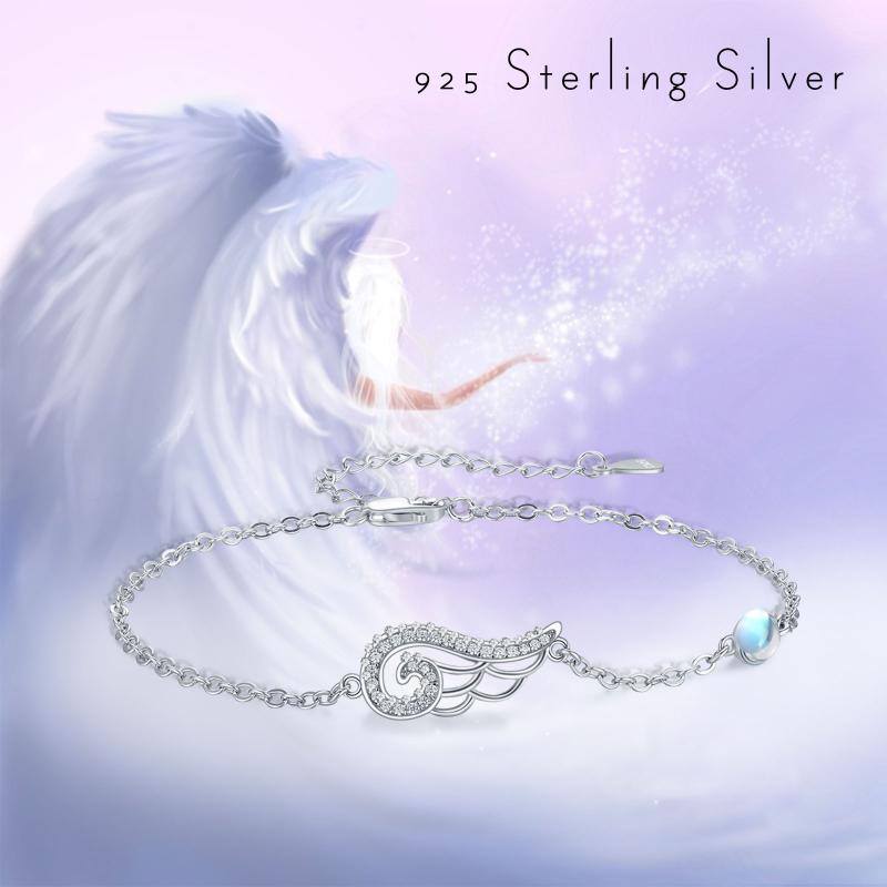 Angel Wing Bracelets for Women Sterling Silver Cubic Zirconia Moonstone Adjustable Chain Bracelet Gift