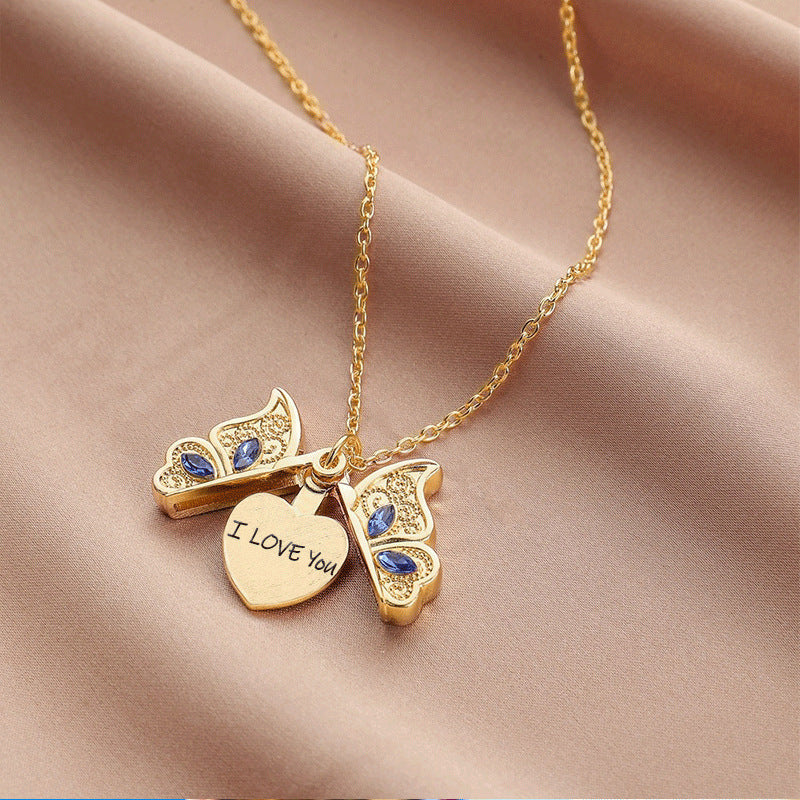 Romantic Butterfly Locket Necklace Openable I Love You Heart Pendant Statement Necklaces For Women Girls