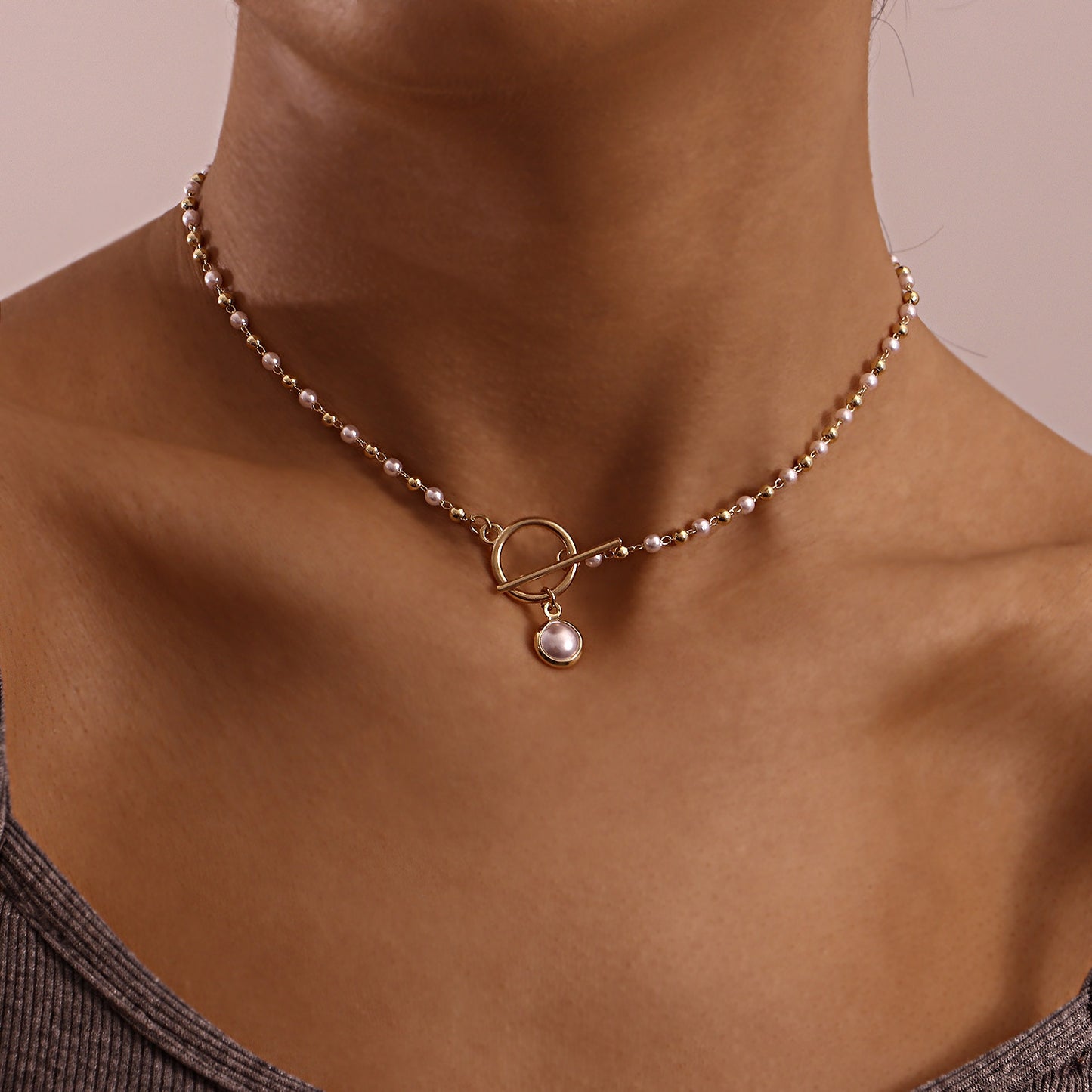 Simple Pearl Chain OT Buckle Necklace Women