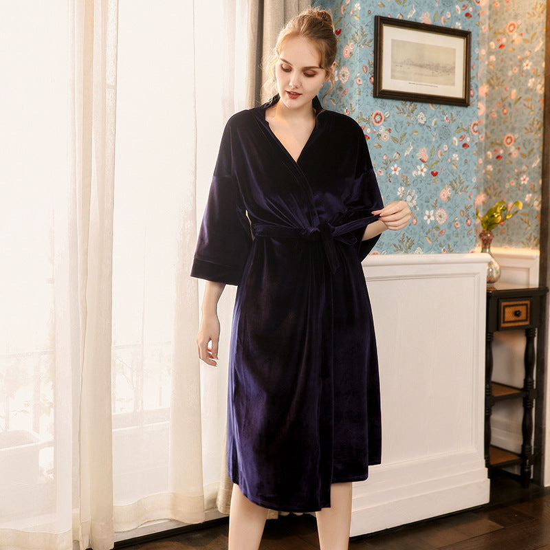 Gold Velvet Nightgown With Long Sleeves And Belt