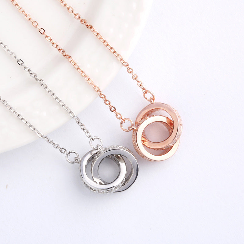 Simple Double Ring Pendant S925 Silver Necklace Women