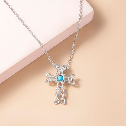 Blue Stone Celtic Knot Cross Pendant Necklace Silver Spiral Trinity Knot Necklaces For Women Men