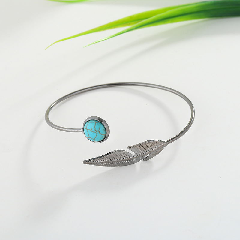 Women Retro Blue Nature Stone Feather Bracelet