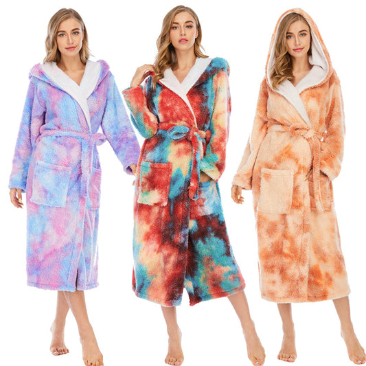 Coral Fleece Nightgown Thick Long Hooded Bathrobe