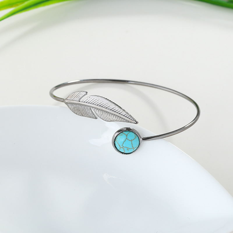 Women Retro Blue Nature Stone Feather Bracelet