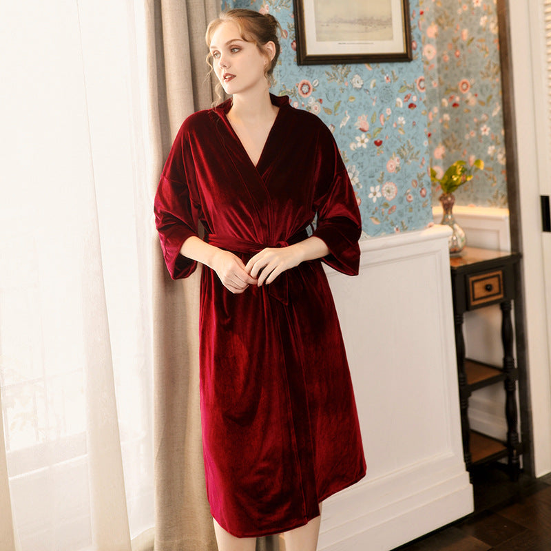 Gold Velvet Nightgown With Long Sleeves And Belt