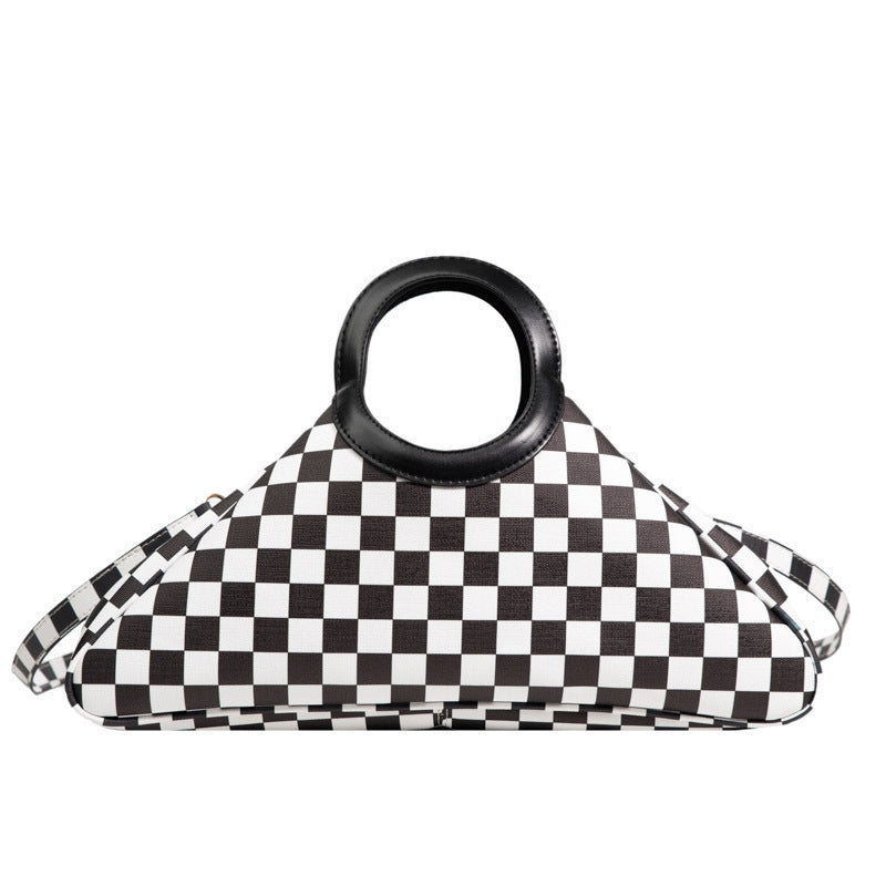 Women's Stylish Good Texture Triangle Black And White Lattice Pattern Shoulder Bag