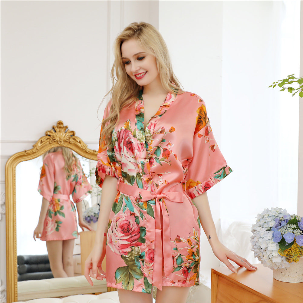 Hand-painted peony simulation silk nightgown