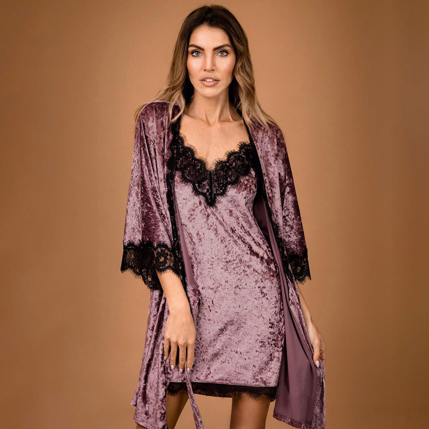 Gold Velvet Sling Lace Mid-length Nightdress Cardigan Waist Waist Nightgown