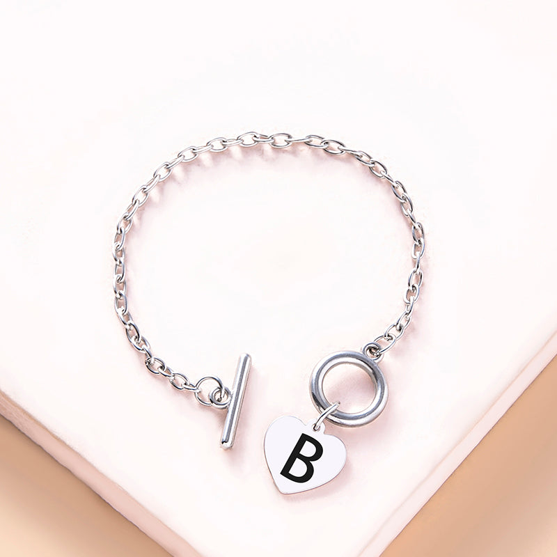 Silver Color Link Chain OT Buckle Clasp Bracelet 26 Initial Letter Heart Charms Bracelets For Women Girls